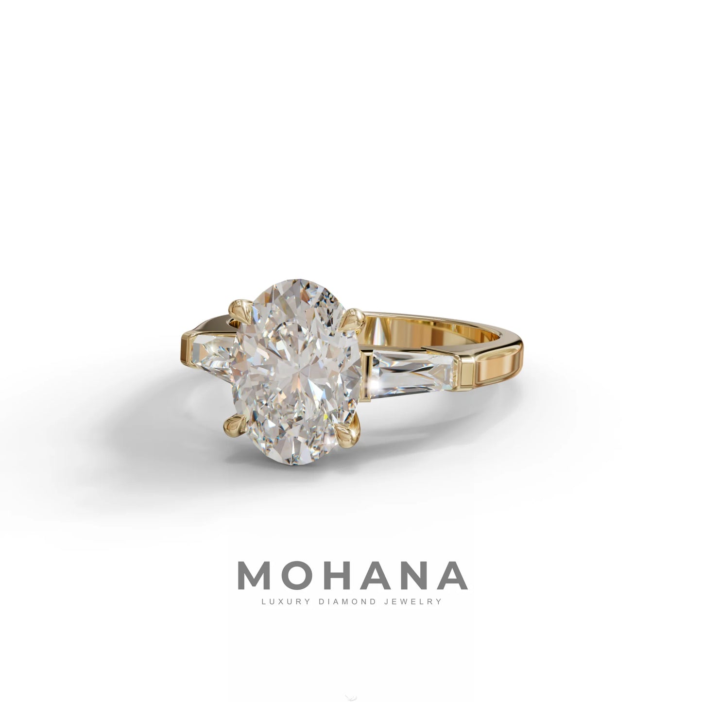 3.75 Carat E/VVS Oval & Tapered Baguette Lab Grown Diamond Three Stone Engagement Ring