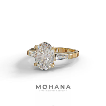 3.75 Carat E/VVS Oval & Tapered Baguette Lab Grown Diamond Three Stone Engagement Ring