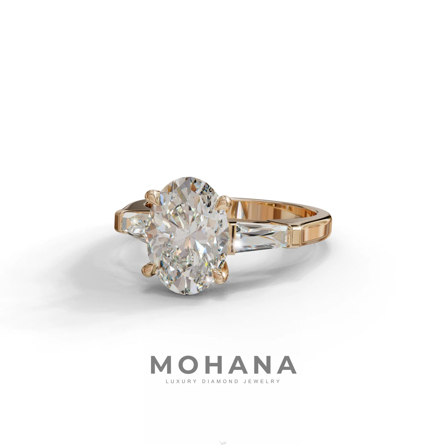 3.75 Carat E/VVS Oval & Tapered Baguette Lab Grown Diamond Three Stone Engagement Ring