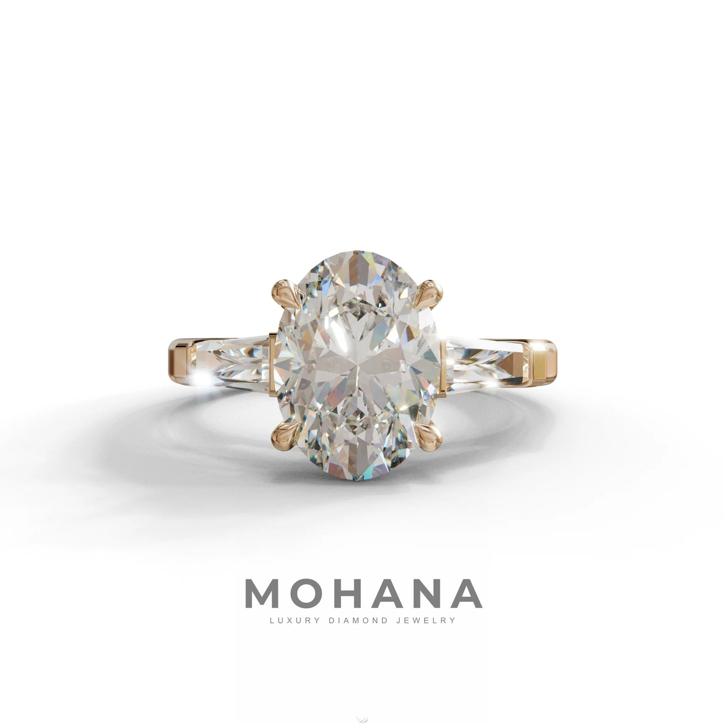 3.75 Carat E/VVS Oval & Tapered Baguette Lab Grown Diamond Three Stone Engagement Ring - 10K Solid Gold / Rose Gold