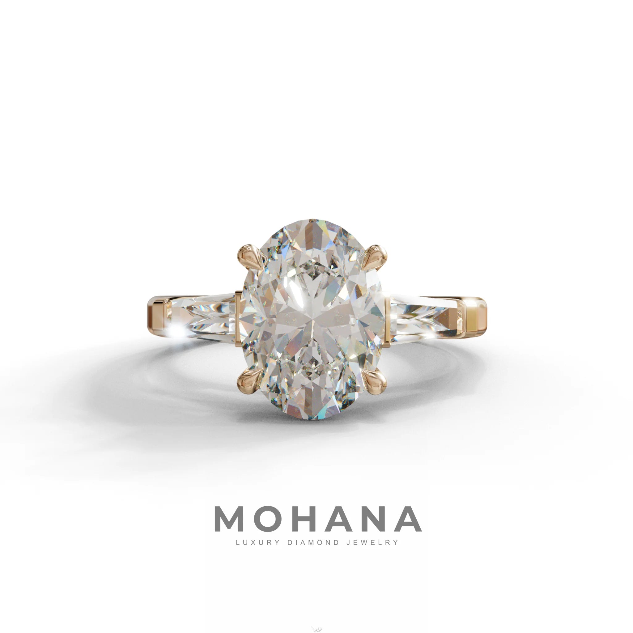 3.75 Carat E/VVS Oval & Tapered Baguette Lab Grown Diamond Three Stone Engagement Ring - 10K Solid Gold / Rose Gold