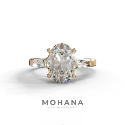 3.75 Carat E/VVS Oval & Tapered Baguette Lab Grown Diamond Three Stone Engagement Ring - 10K Solid Gold / Rose Gold