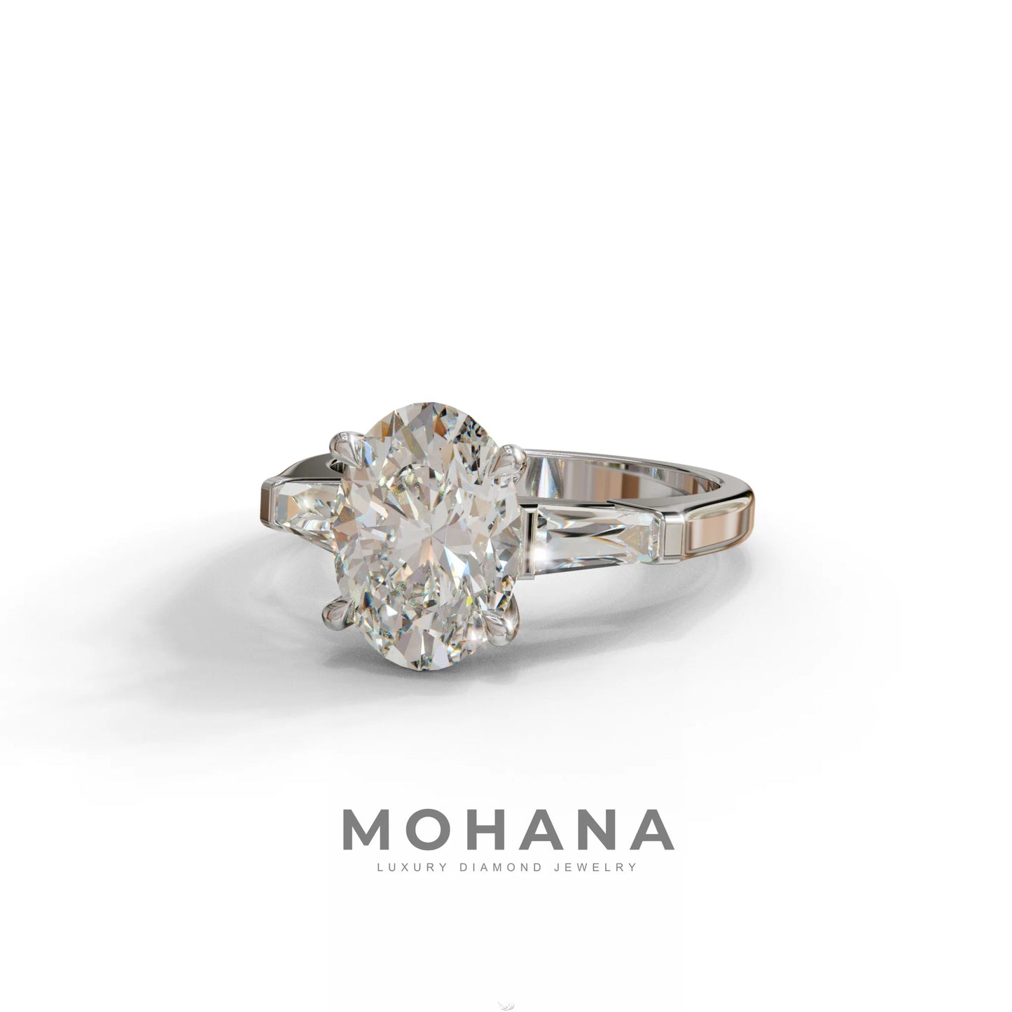 3.75 Carat E/VVS Oval & Tapered Baguette Lab Grown Diamond Three Stone Engagement Ring