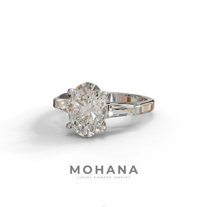 3.75 Carat E/VVS Oval & Tapered Baguette Lab Grown Diamond Three Stone Engagement Ring
