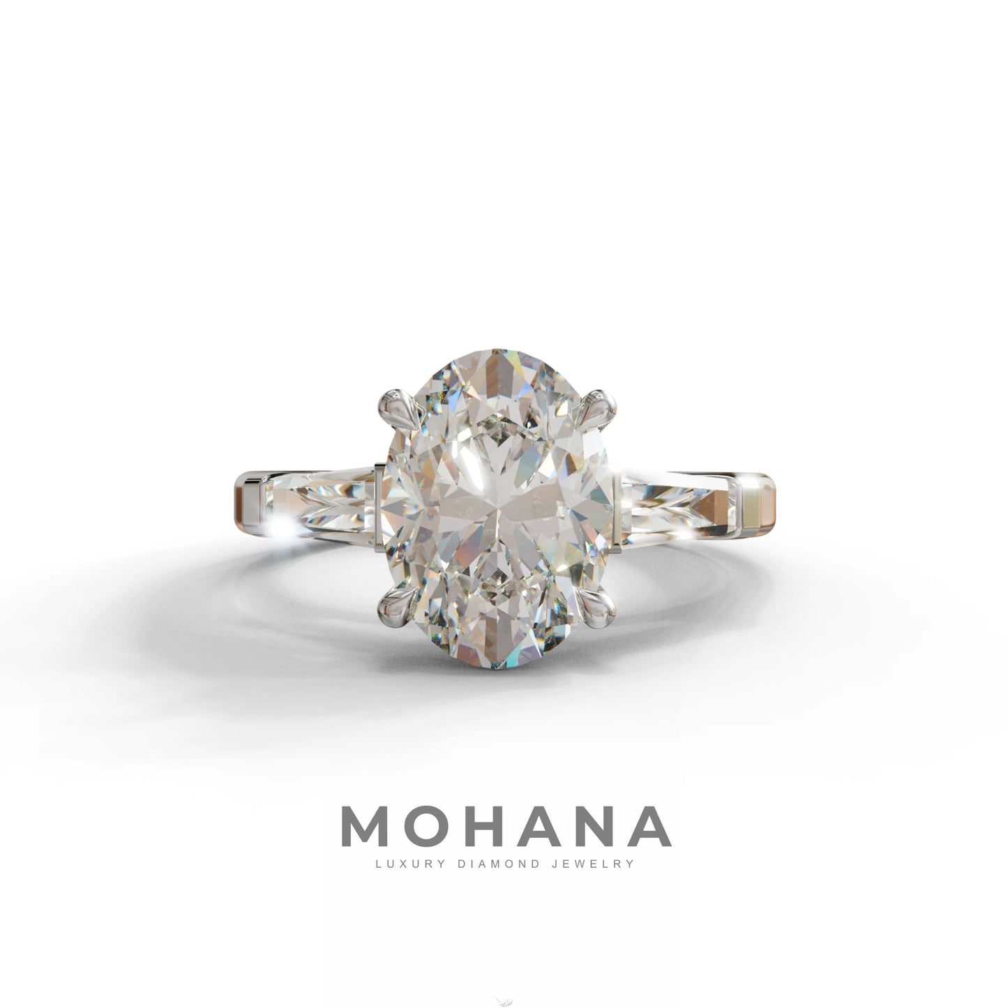 3.75 Carat E/VVS Oval & Tapered Baguette Lab Grown Diamond Three Stone Engagement Ring - 10K Solid Gold / White Gold