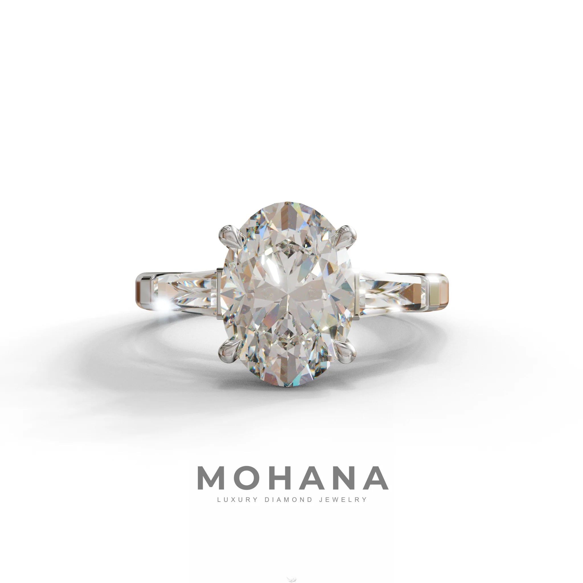 3.75 Carat E/VVS Oval & Tapered Baguette Lab Grown Diamond Three Stone Engagement Ring - 10K Solid Gold / White Gold