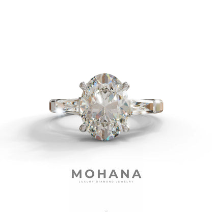 3.75 Carat E/VVS Oval & Tapered Baguette Lab Grown Diamond Three Stone Engagement Ring - 10K Solid Gold / White Gold