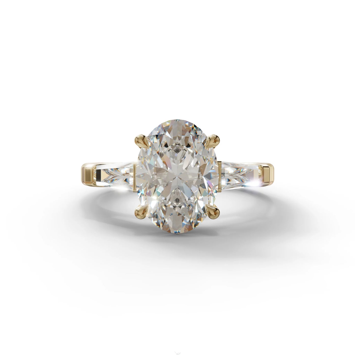 3.75 Carat E/VVS Oval & Tapered Baguette Lab Grown Diamond Three Stone Engagement Ring - 10K Solid Gold / Yellow Gold