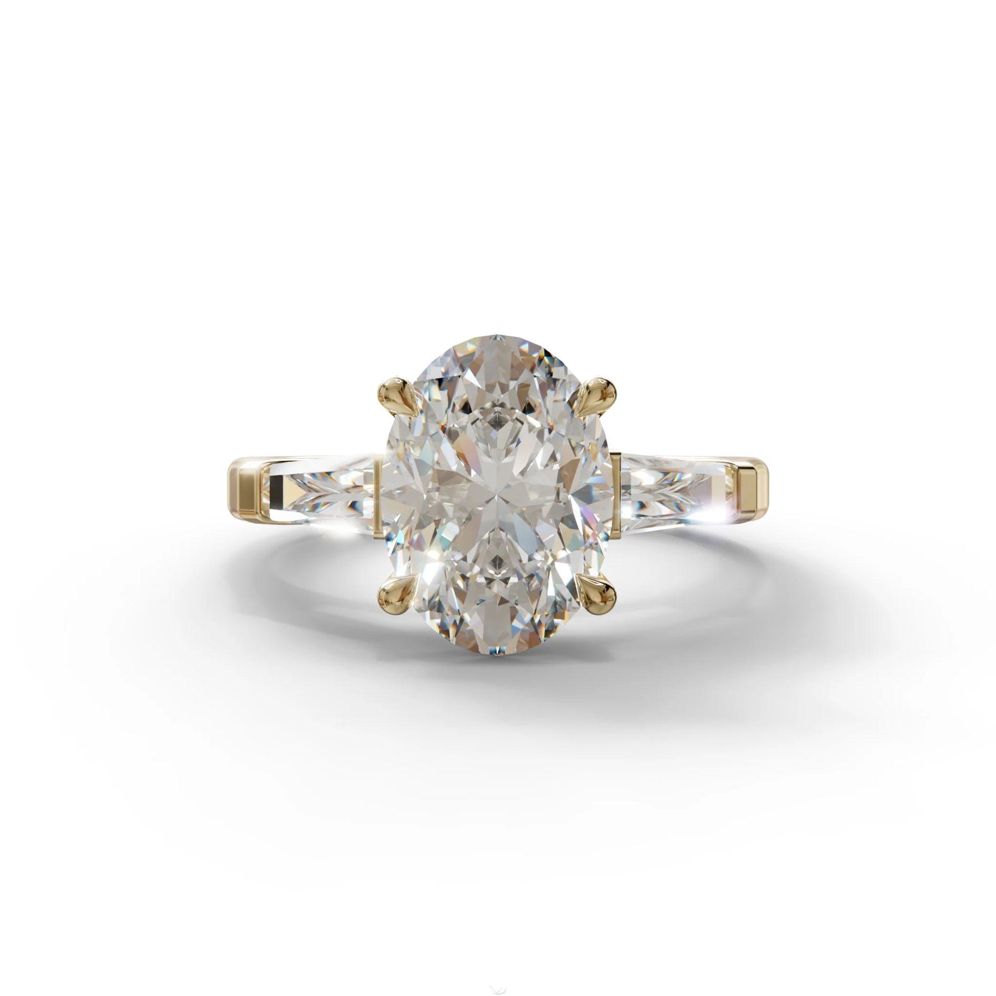 3.75 Carat E/VVS Oval & Tapered Baguette Lab Grown Diamond Three Stone Engagement Ring - 10K Solid Gold / Yellow Gold