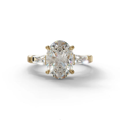 3.75 Carat E/VVS Oval & Tapered Baguette Lab Grown Diamond Three Stone Engagement Ring - 10K Solid Gold / Yellow Gold