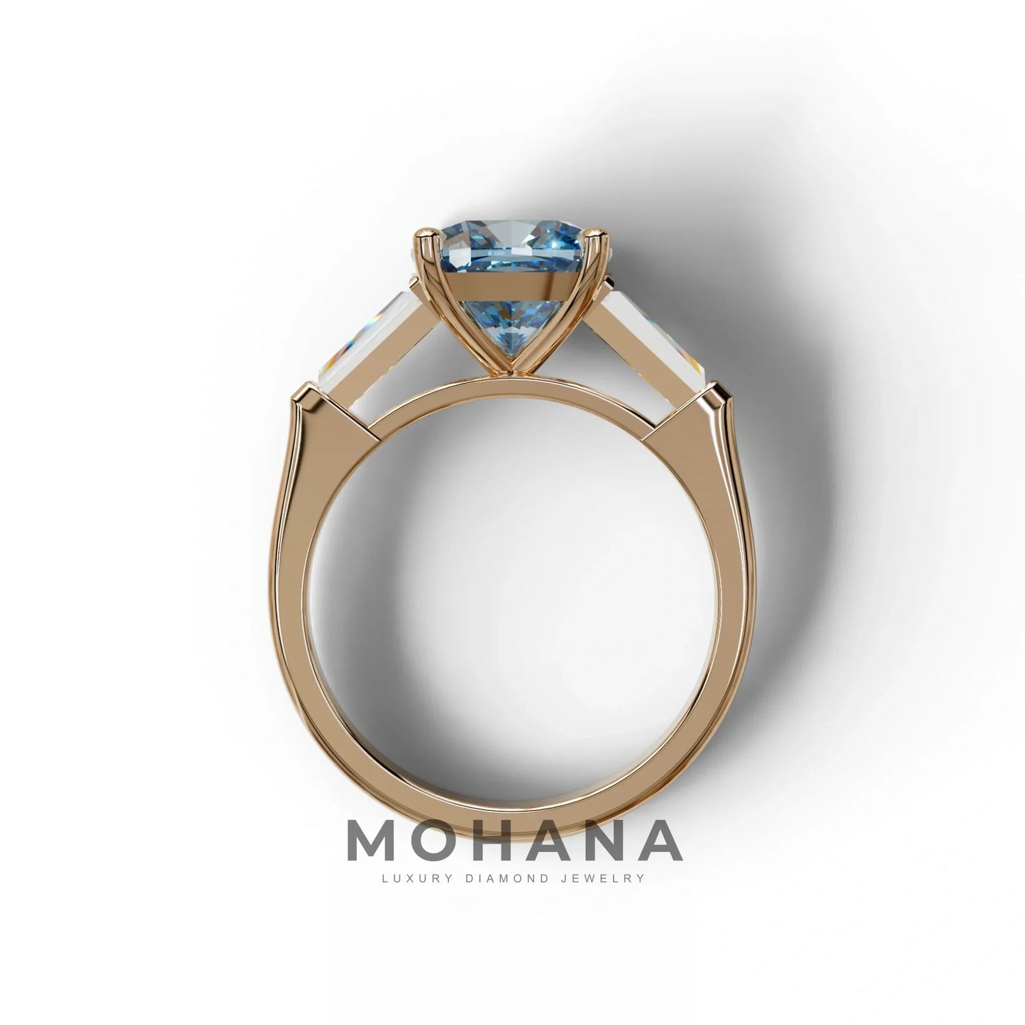3 Carat Blue Cushion & Tapered Baguette Three Stone Engagement Ring