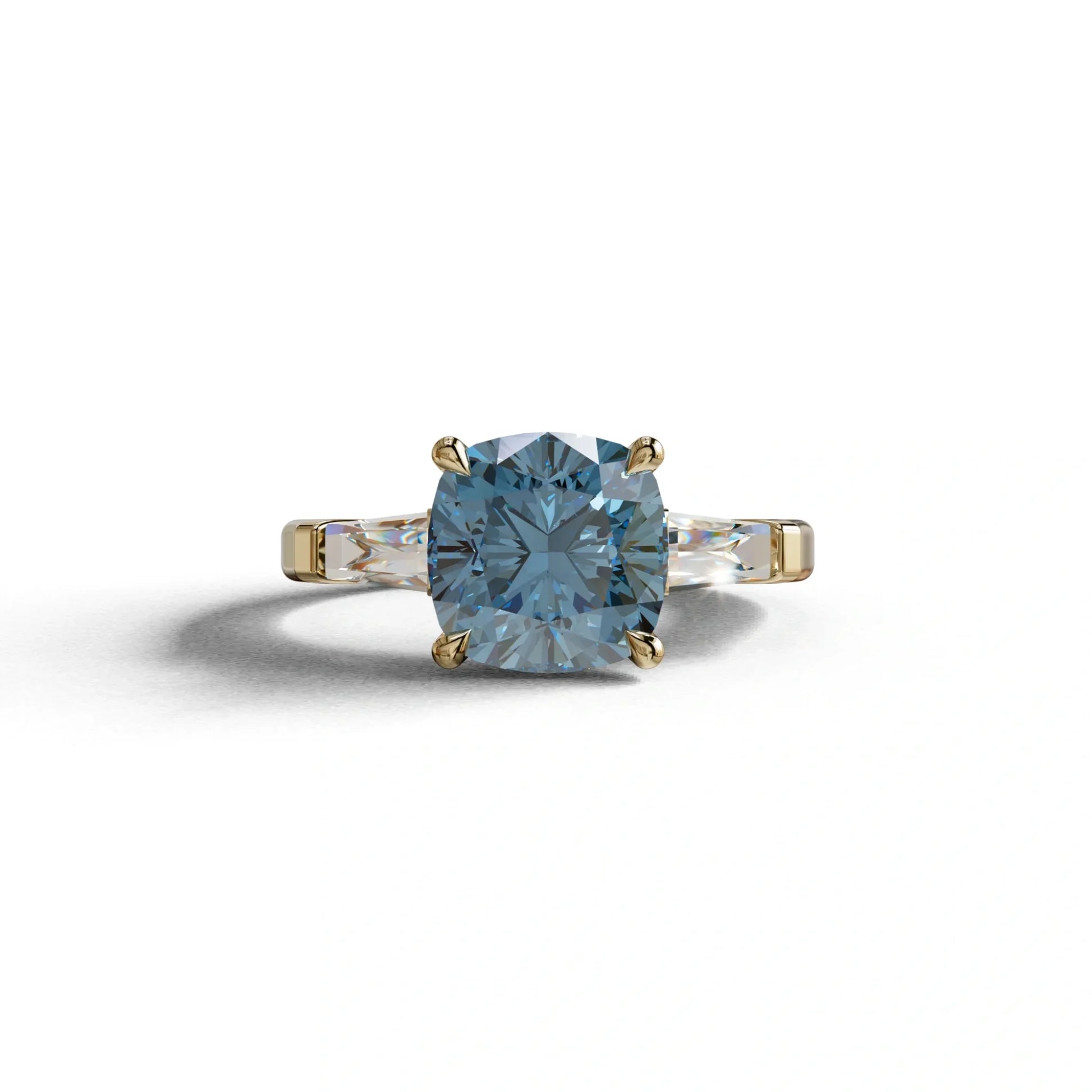 3 Carat Blue Cushion & Tapered Baguette Three Stone Engagement Ring - 10K Solid Gold / Yellow Gold