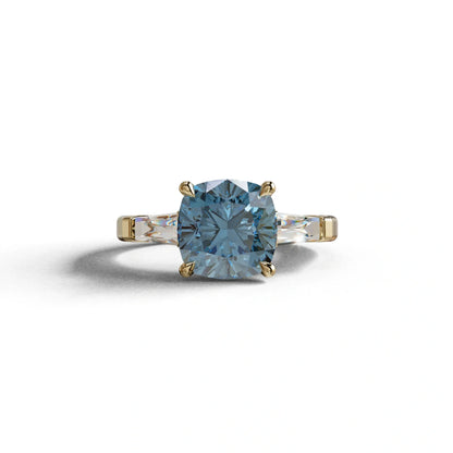 3 Carat Blue Cushion & Tapered Baguette Three Stone Engagement Ring - 10K Solid Gold / Yellow Gold