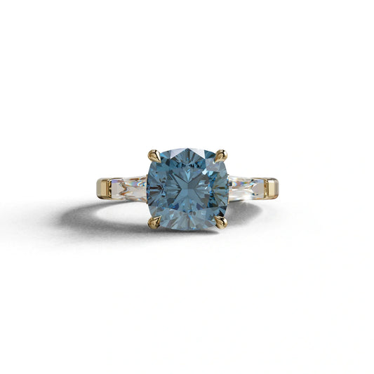 3 Carat Blue Cushion & Tapered Baguette Three Stone Engagement Ring - 10K Solid Gold / Yellow Gold