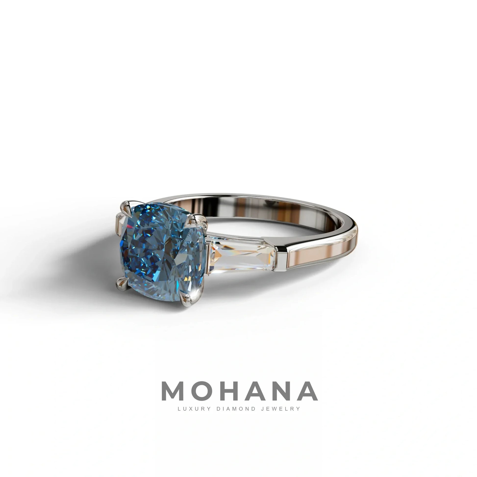 3 Carat Blue Cushion & Tapered Baguette Three Stone Engagement Ring