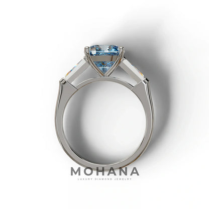 3 Carat Blue Cushion & Tapered Baguette Three Stone Engagement Ring