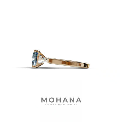 3 Carat Blue Cushion & Tapered Baguette Three Stone Engagement Ring