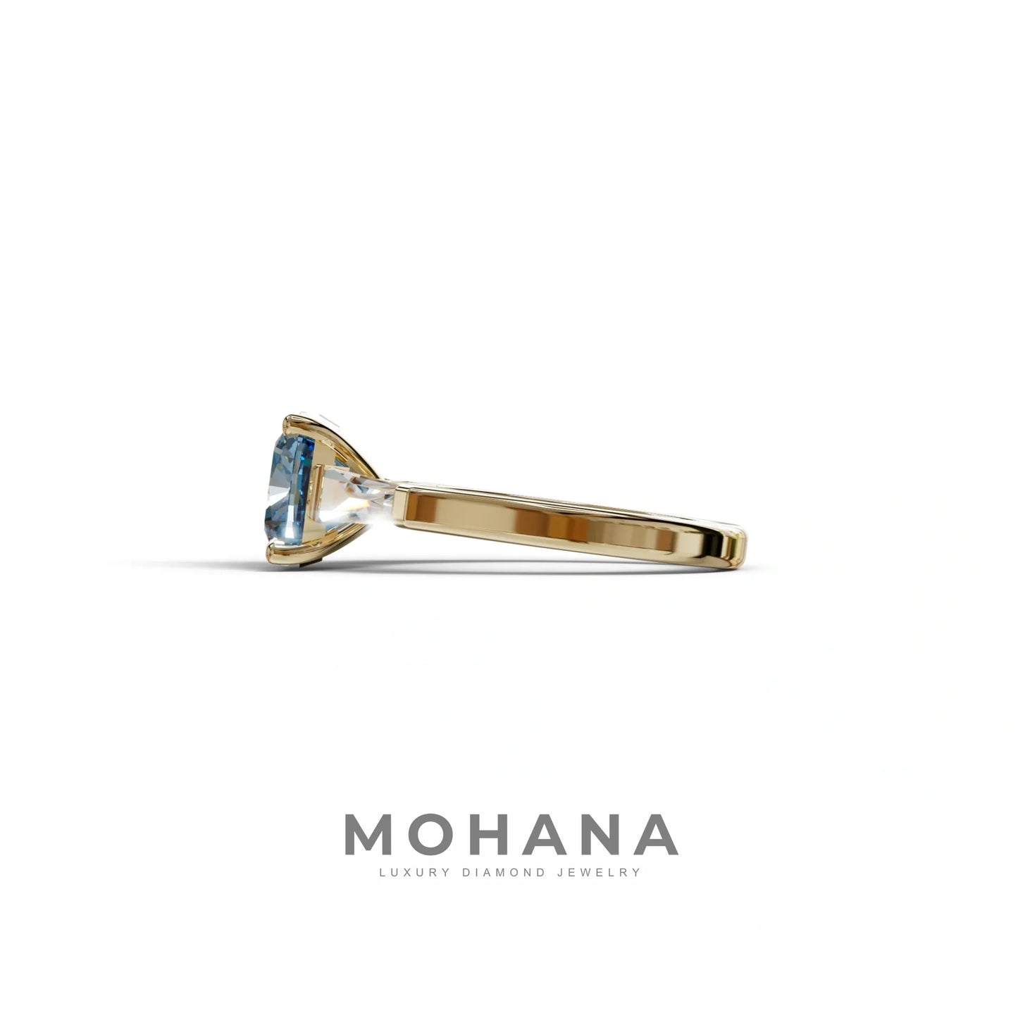 3 Carat Blue Cushion & Tapered Baguette Three Stone Engagement Ring