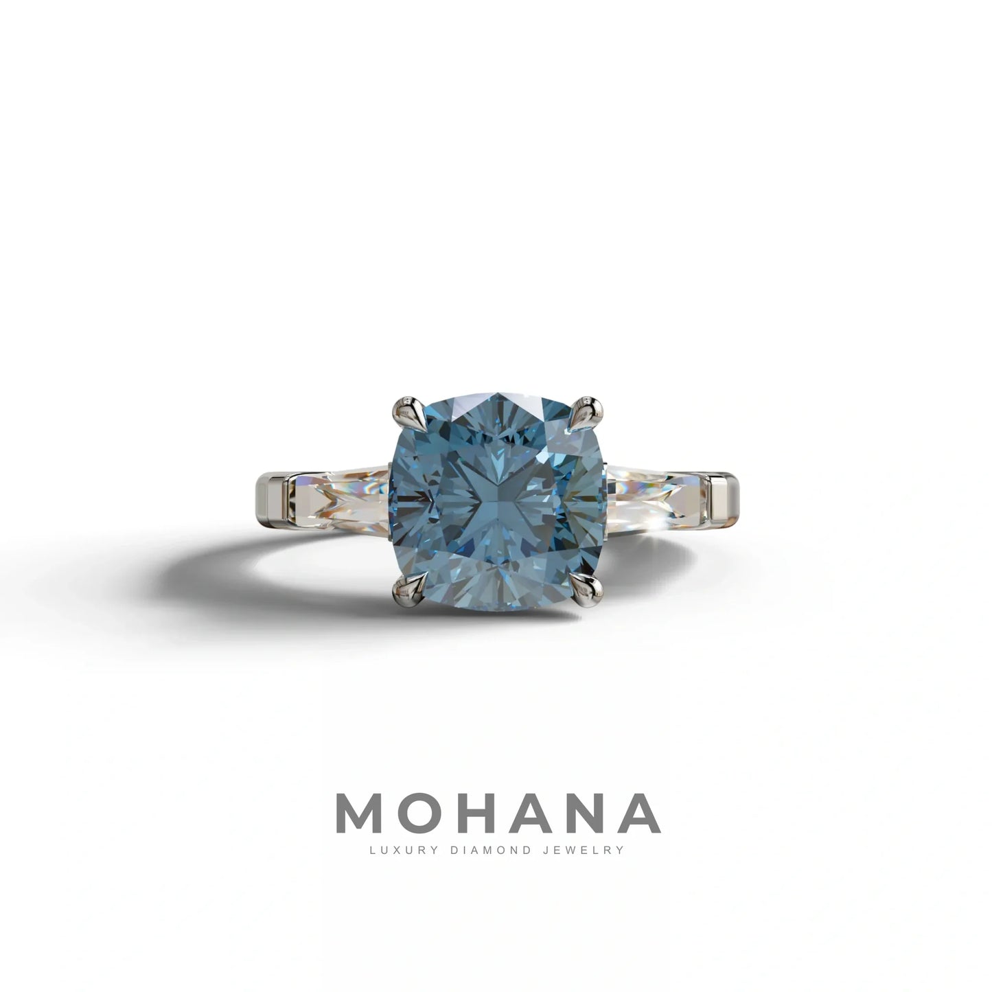 3 Carat Blue Cushion & Tapered Baguette Three Stone Engagement Ring - 10K Solid Gold / White Gold
