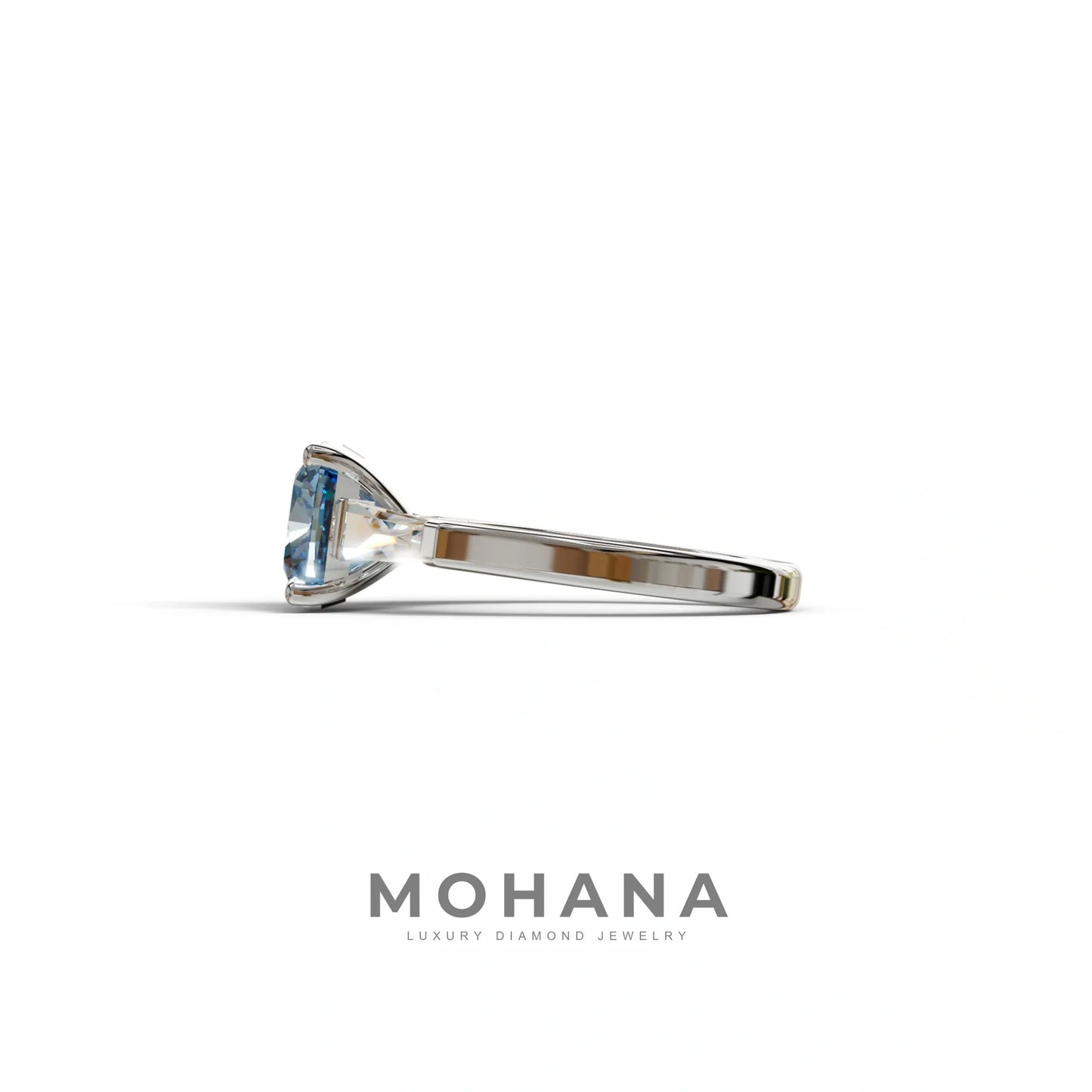 3 Carat Blue Cushion & Tapered Baguette Three Stone Engagement Ring