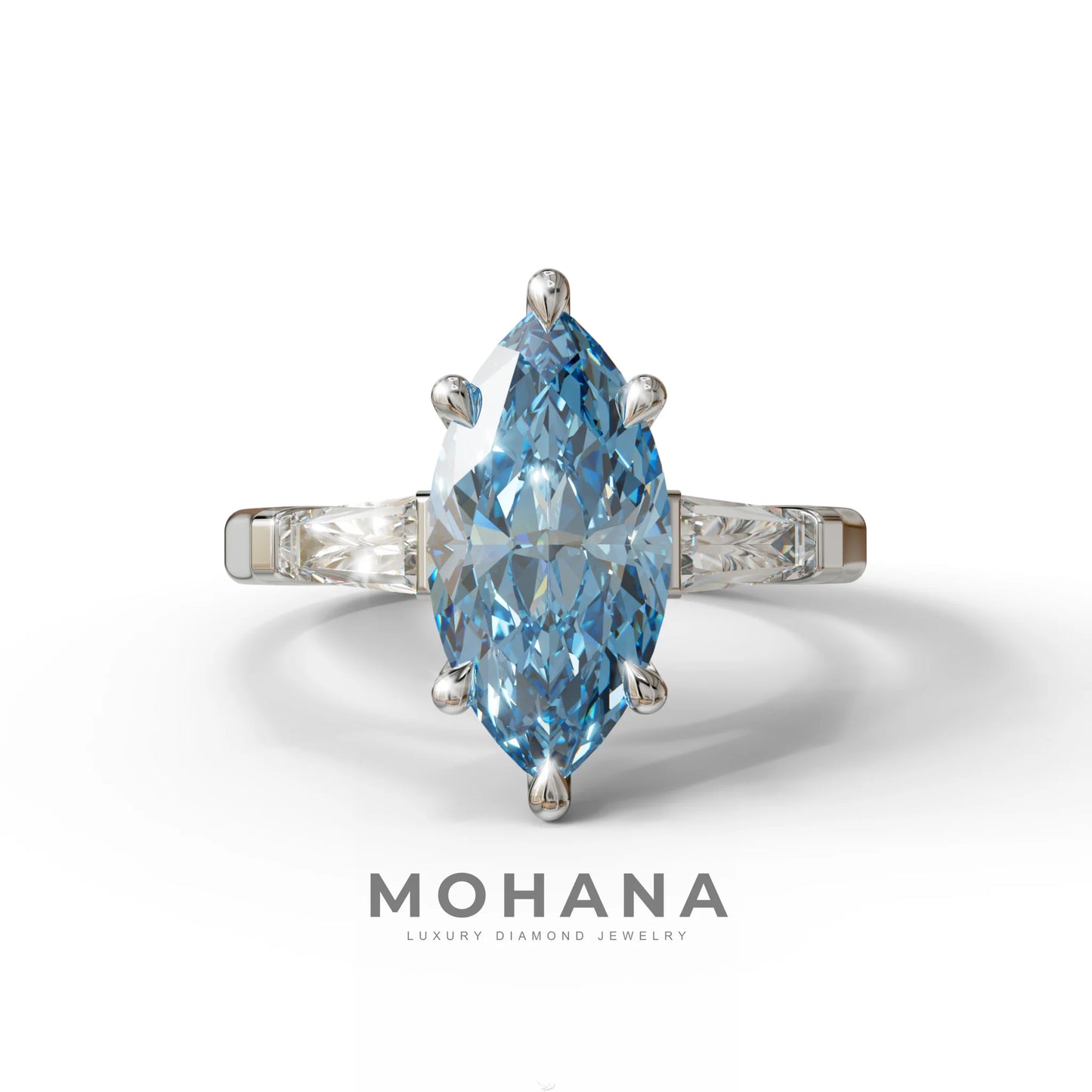 Blue Marquise & Tapered Baguette Multi Stone Engagement Ring - 10K Solid Gold / White Gold