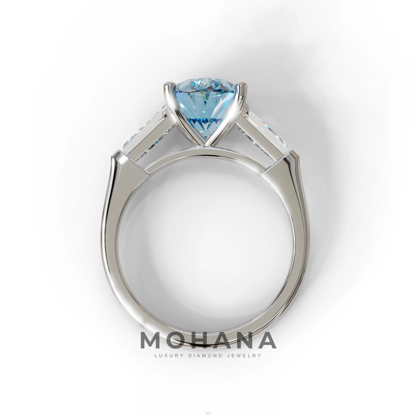 3 Carat Blue Oval & Tapered Baguette Lab Grown Diamond Three Stone Engagement Ring