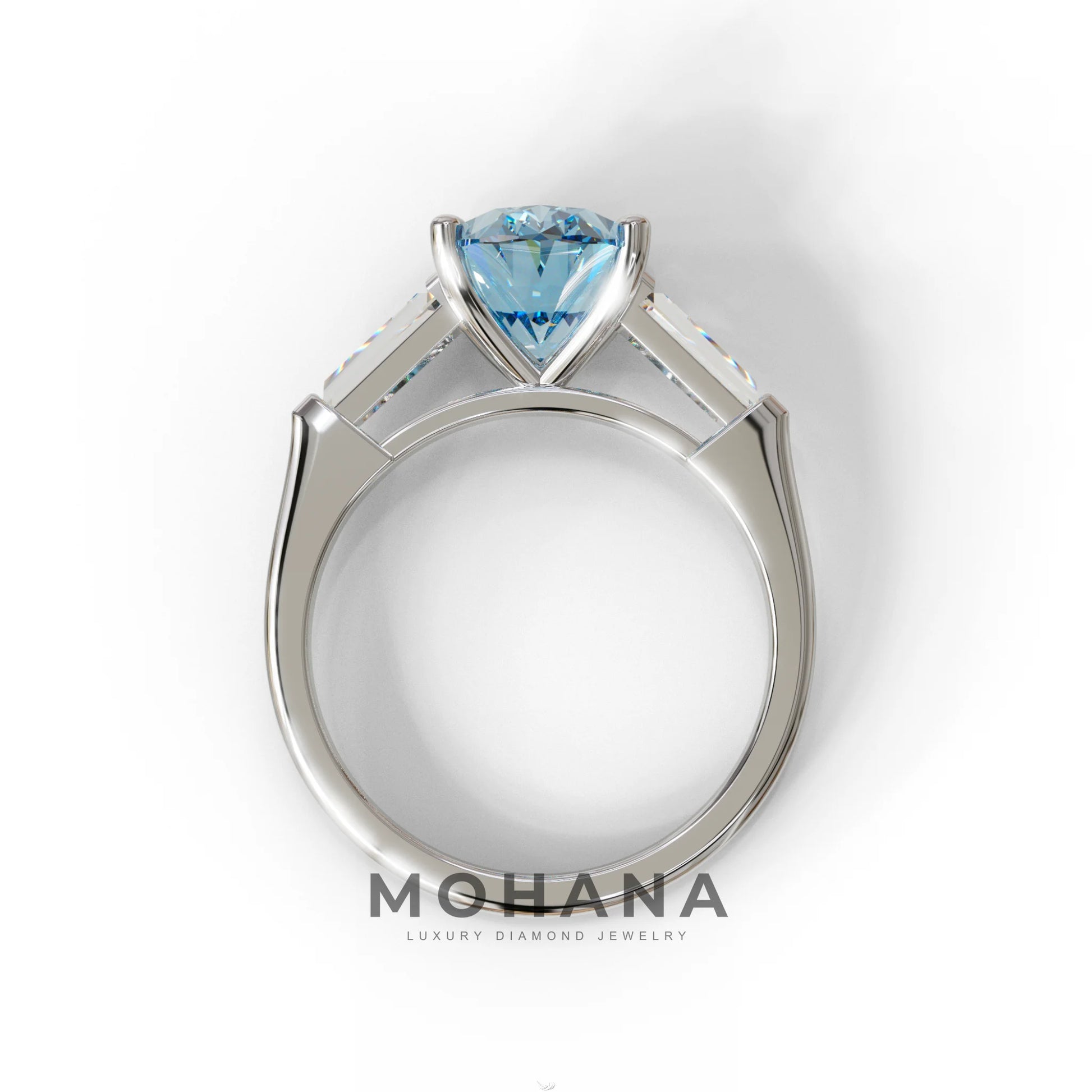 3 Carat Blue Oval & Tapered Baguette Lab Grown Diamond Three Stone Engagement Ring