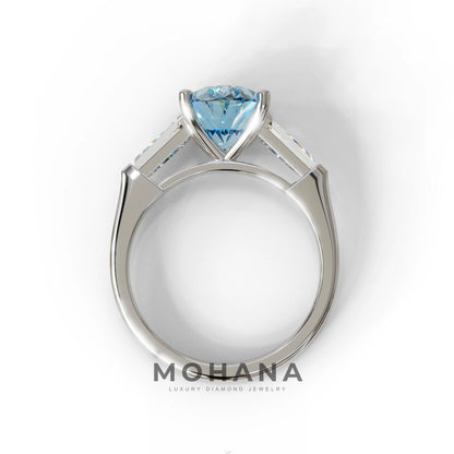 3 Carat Blue Oval & Tapered Baguette Lab Grown Diamond Three Stone Engagement Ring