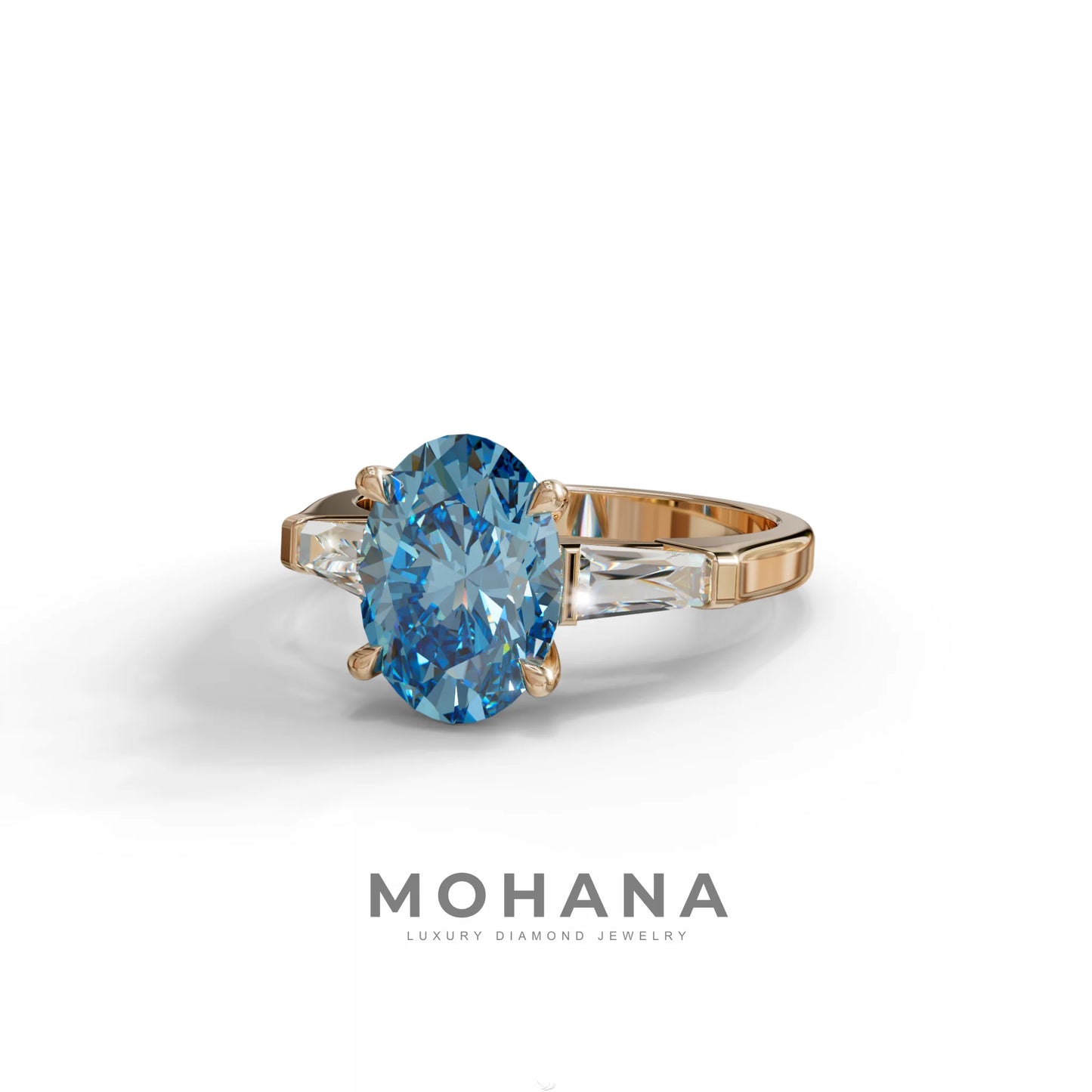 3 Carat Blue Oval & Tapered Baguette Lab Grown Diamond Three Stone Engagement Ring