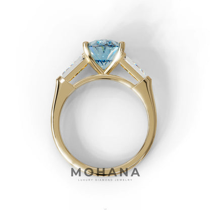 3 Carat Blue Oval & Tapered Baguette Lab Grown Diamond Three Stone Engagement Ring