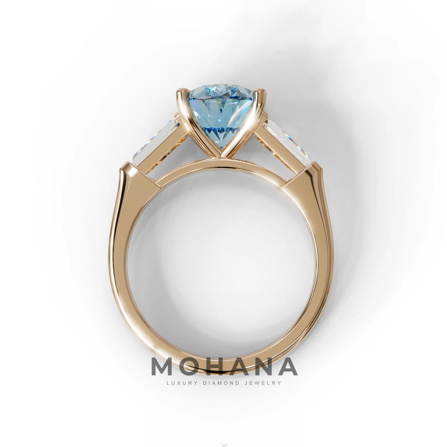 3 Carat Blue Oval & Tapered Baguette Lab Grown Diamond Three Stone Engagement Ring