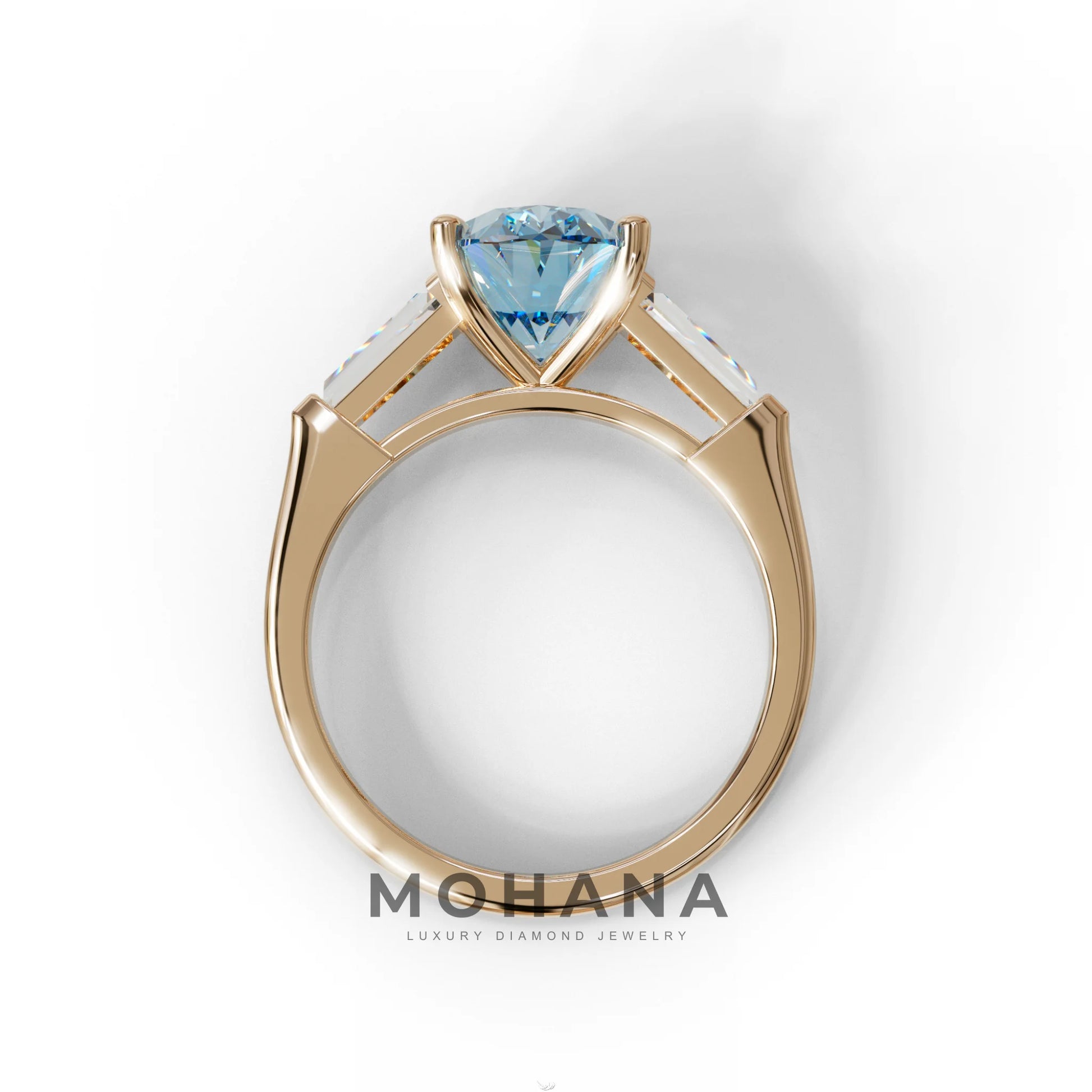 3 Carat Blue Oval & Tapered Baguette Lab Grown Diamond Three Stone Engagement Ring