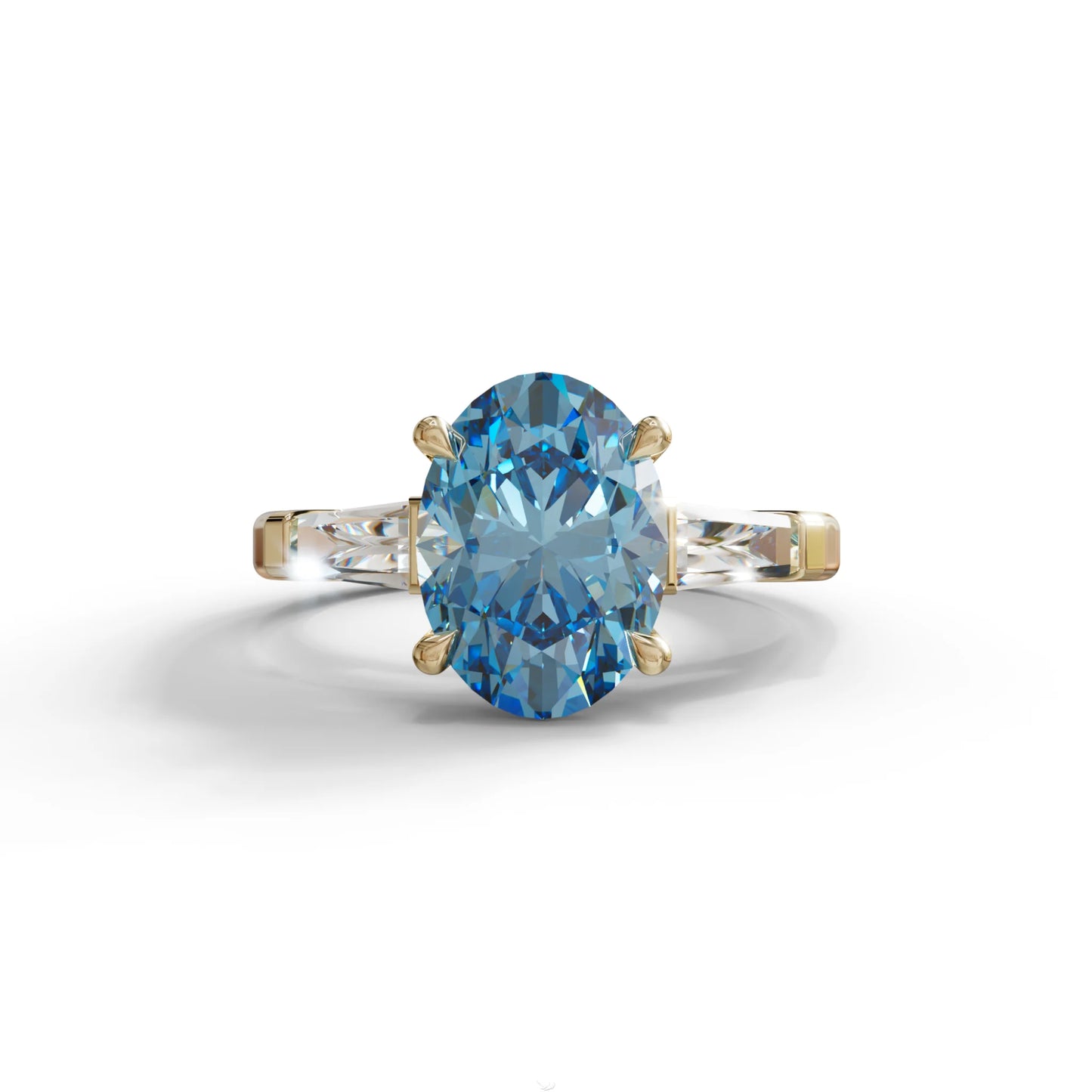 3 Carat Blue Oval & Tapered Baguette Lab Grown Diamond Three Stone Engagement Ring - 10K Solid Gold / Yellow Gold