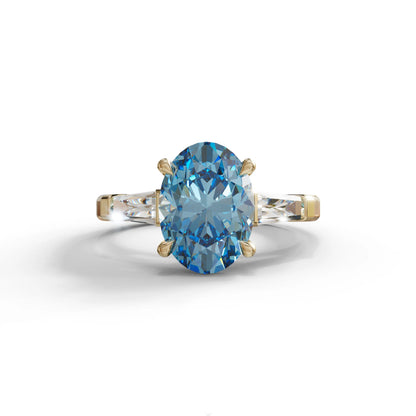 3 Carat Blue Oval & Tapered Baguette Lab Grown Diamond Three Stone Engagement Ring - 10K Solid Gold / Yellow Gold