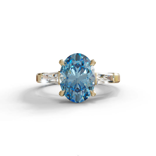 3 Carat Blue Oval & Tapered Baguette Lab Grown Diamond Three Stone Engagement Ring - 10K Solid Gold / Yellow Gold