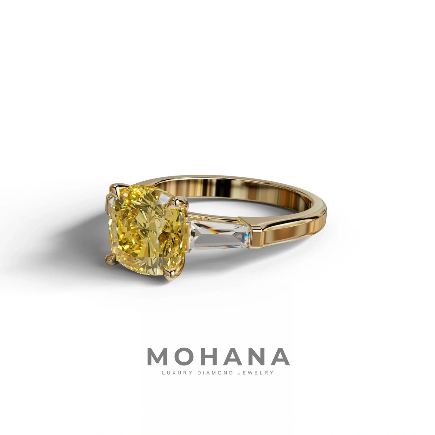 3 Carat Yellow Cushion & Tapered Baguette Three Stone Engagement Ring