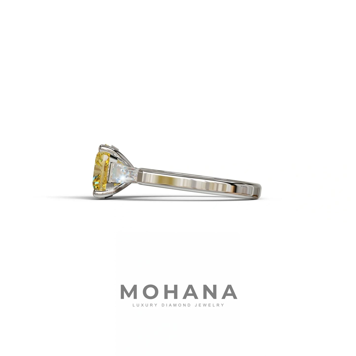 3 Carat Yellow Cushion & Tapered Baguette Three Stone Engagement Ring