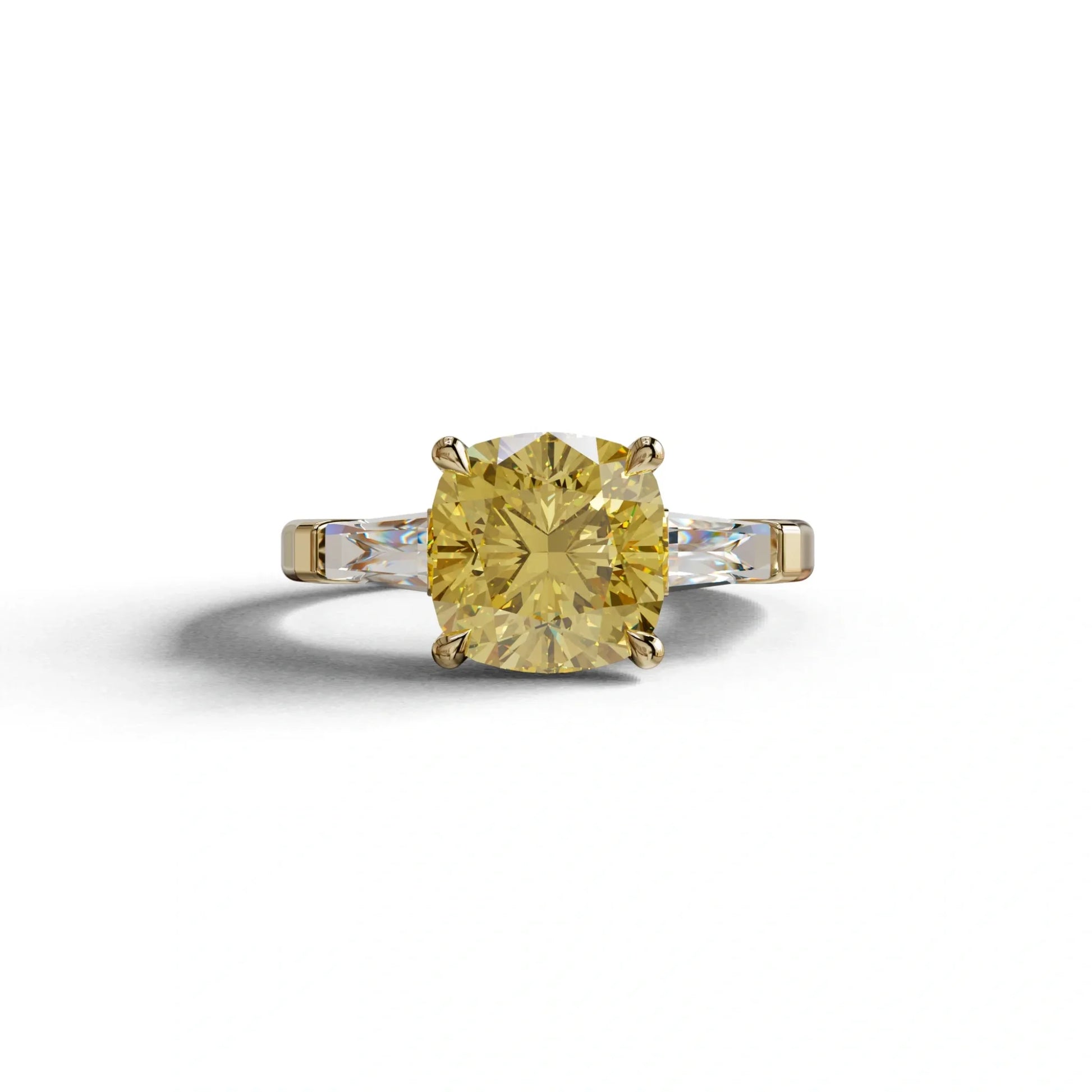 3 Carat Yellow Cushion & Tapered Baguette Three Stone Engagement Ring - 10K Solid Gold / Yellow Gold
