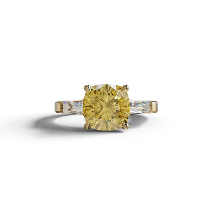 3 Carat Yellow Cushion & Tapered Baguette Three Stone Engagement Ring - 10K Solid Gold / Yellow Gold