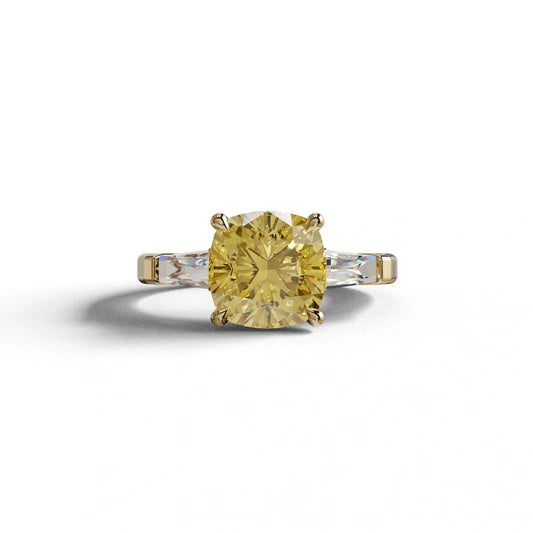 3 Carat Yellow Cushion & Tapered Baguette Three Stone Engagement Ring - 10K Solid Gold / Yellow Gold