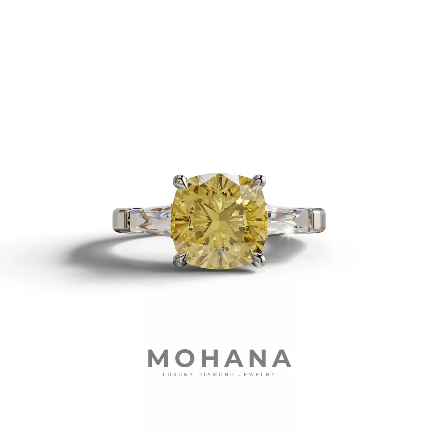 3 Carat Yellow Cushion & Tapered Baguette Three Stone Engagement Ring - 10K Solid Gold / White Gold