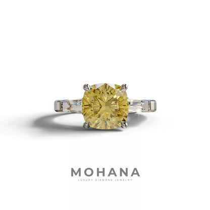 3 Carat Yellow Cushion & Tapered Baguette Three Stone Engagement Ring - 10K Solid Gold / White Gold