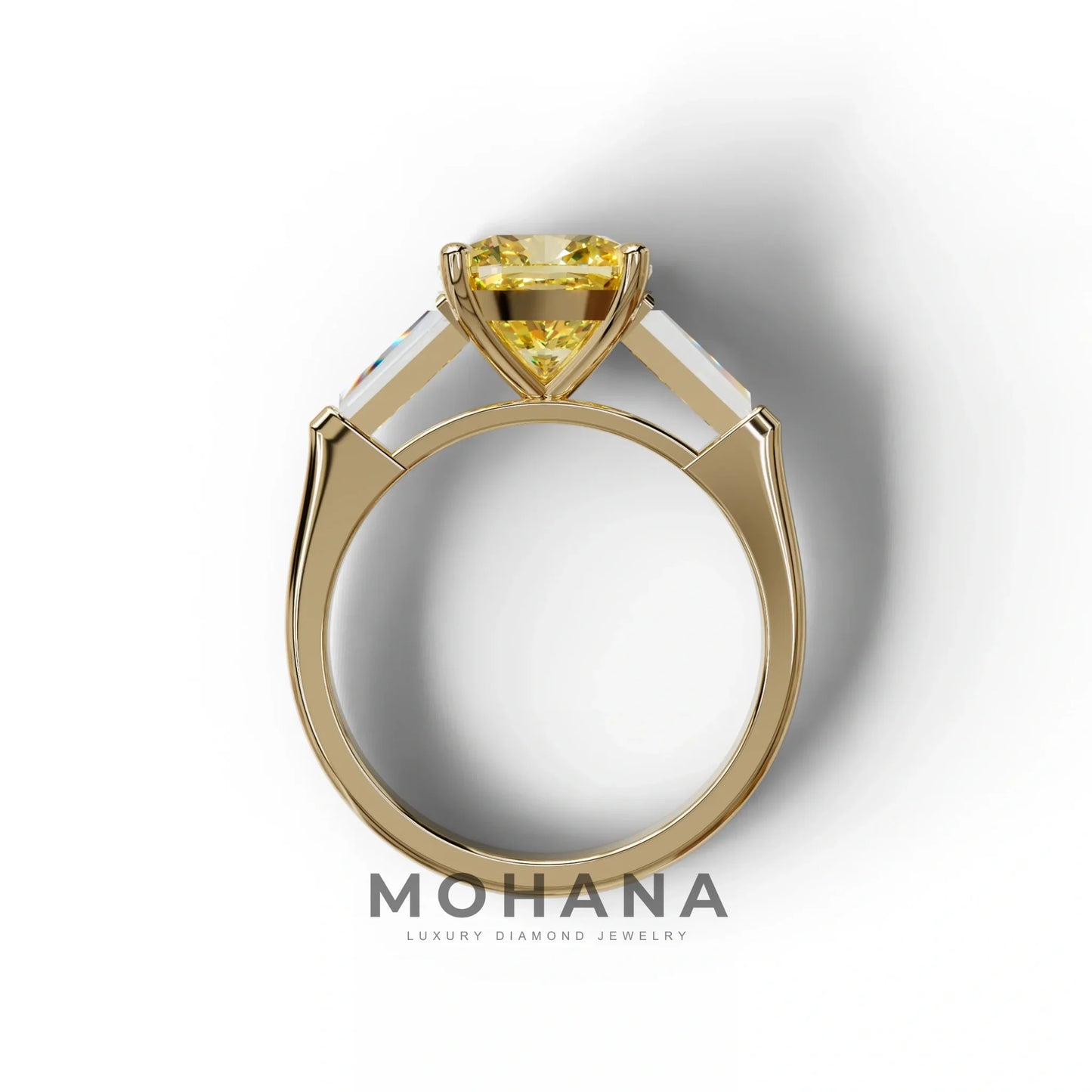 3 Carat Yellow Cushion & Tapered Baguette Three Stone Engagement Ring