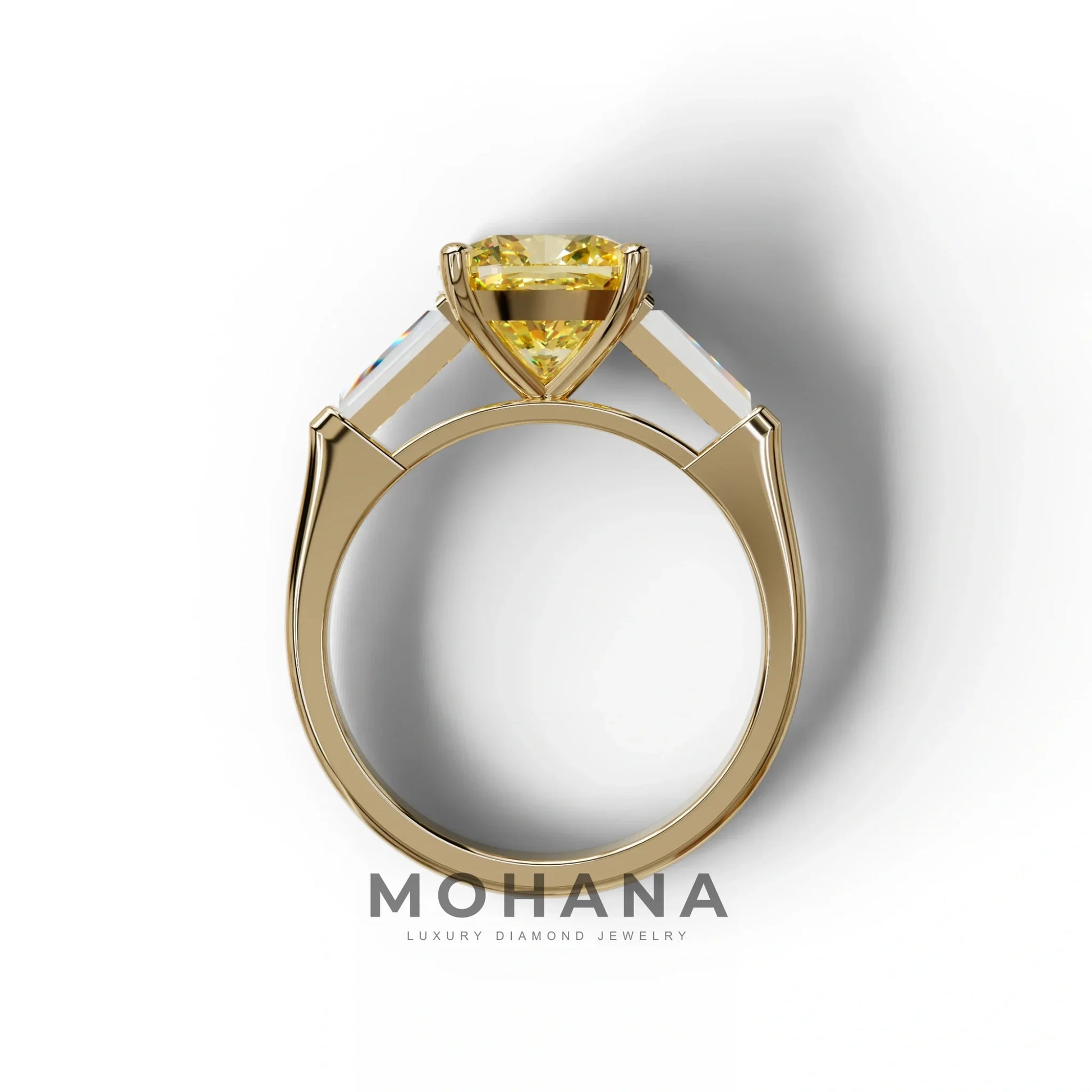 3 Carat Yellow Cushion & Tapered Baguette Three Stone Engagement Ring