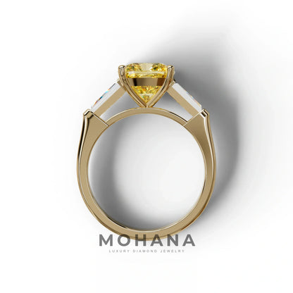 3 Carat Yellow Cushion & Tapered Baguette Three Stone Engagement Ring