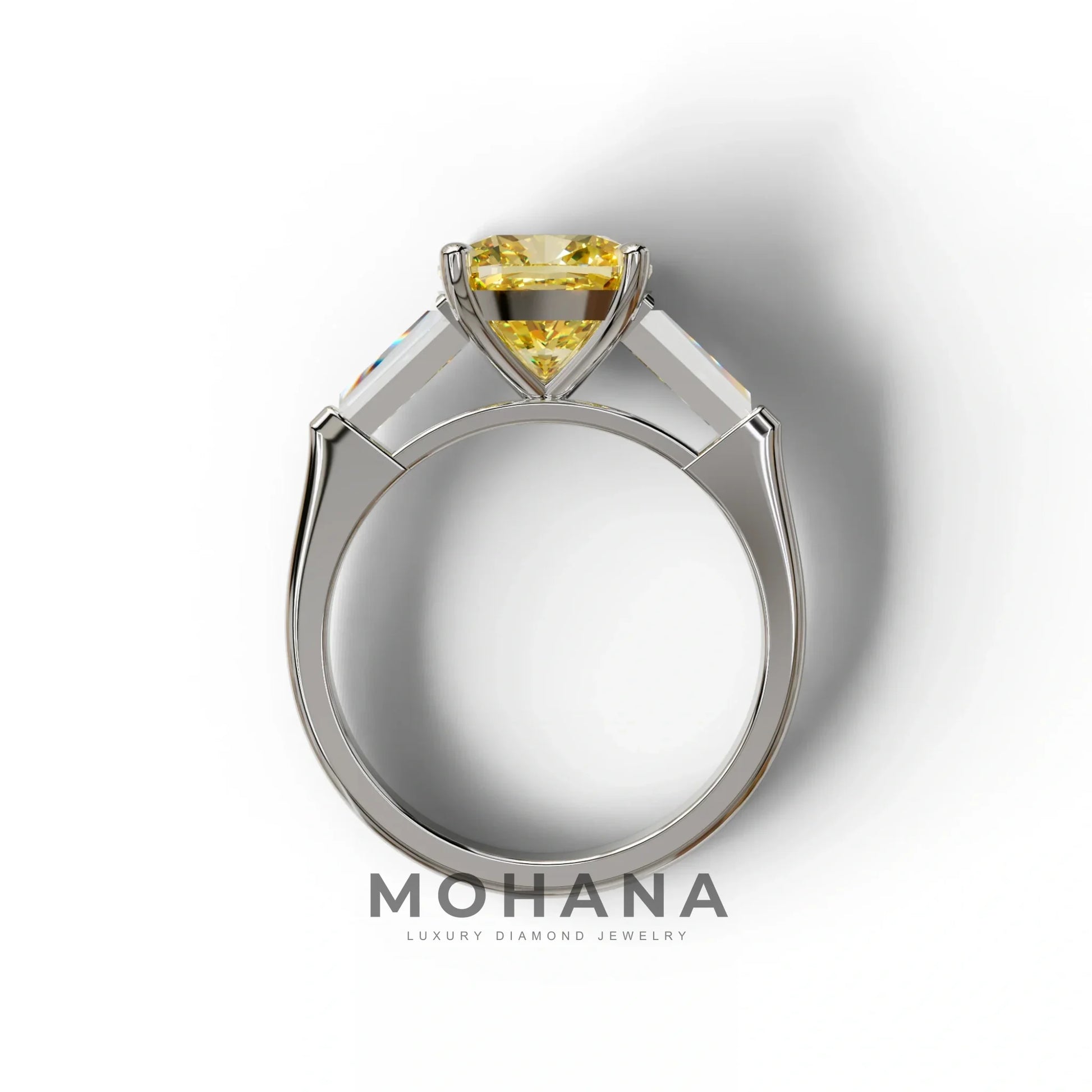3 Carat Yellow Cushion & Tapered Baguette Three Stone Engagement Ring