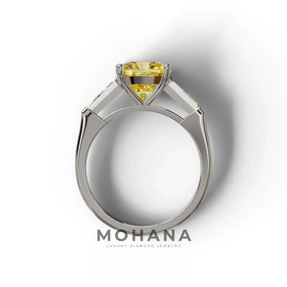 3 Carat Yellow Cushion & Tapered Baguette Three Stone Engagement Ring