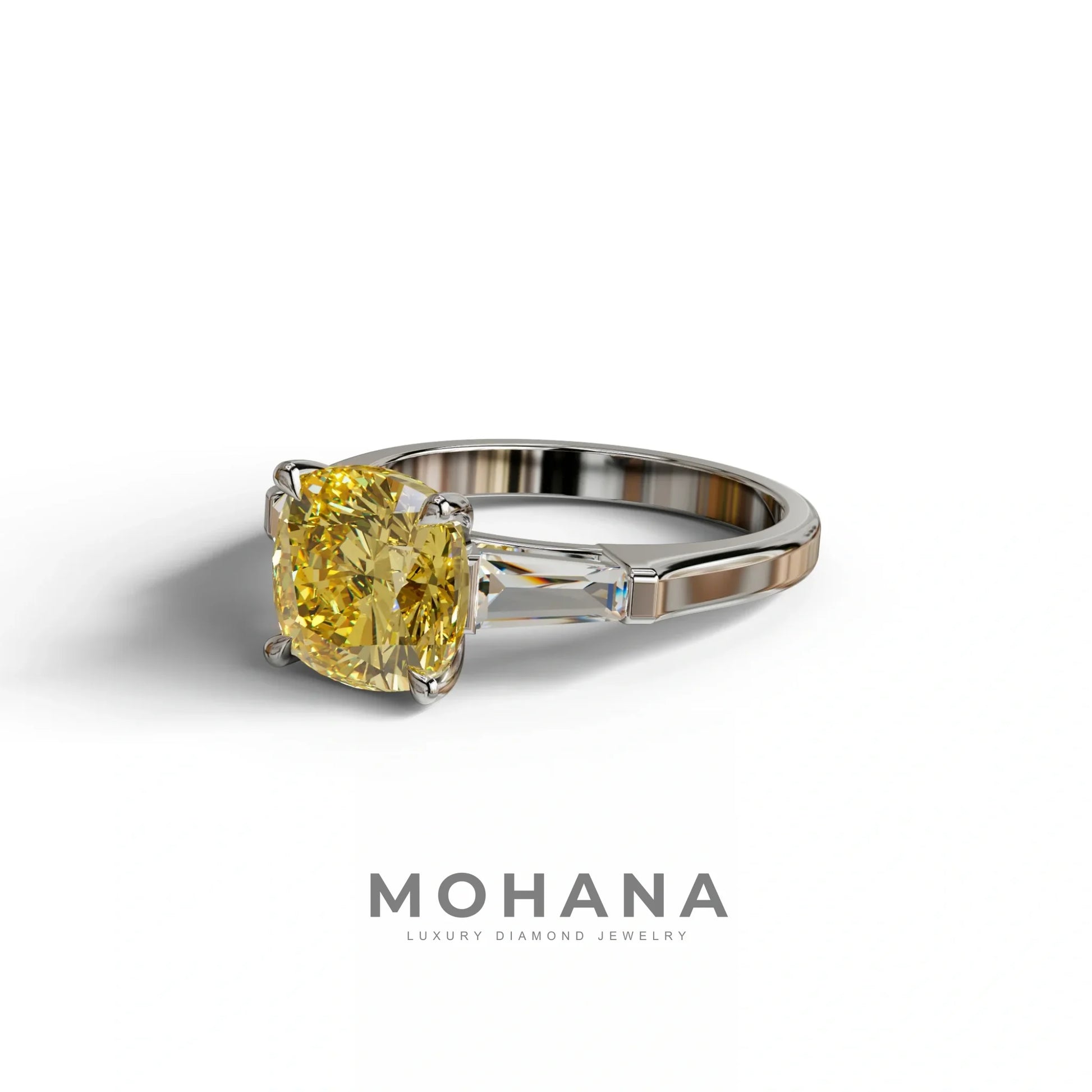 3 Carat Yellow Cushion & Tapered Baguette Three Stone Engagement Ring