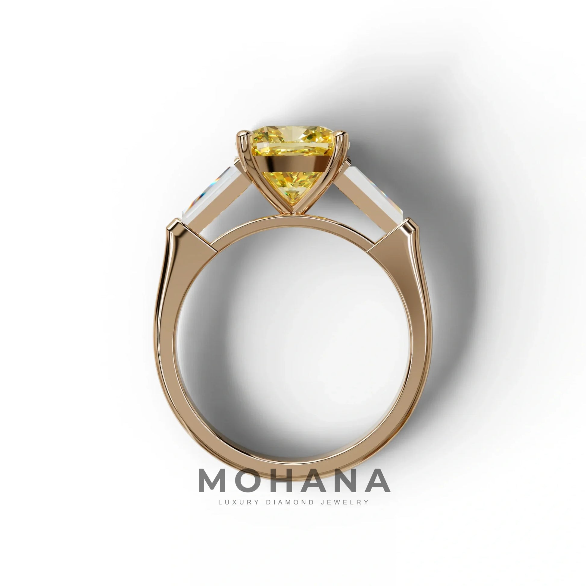 3 Carat Yellow Cushion & Tapered Baguette Three Stone Engagement Ring