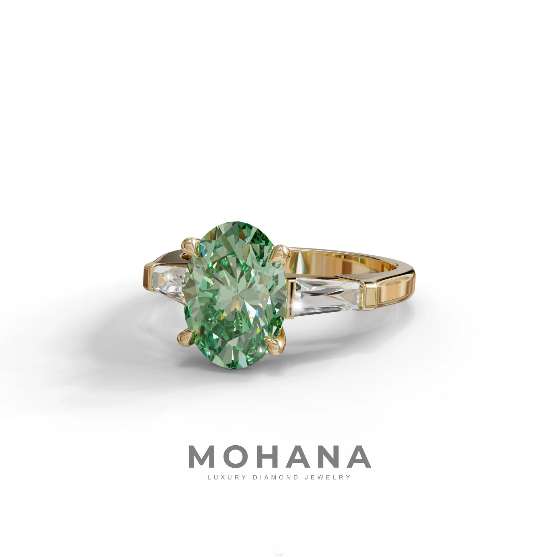 3 Carat Green Oval & Tapered Baguette Lab Grown Diamond Three Stone Engagement Ring